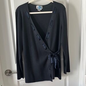 Adrianna Papell Midnights Blue Knit Sweater Blue Satin Tie Freshly Dry Cleaned